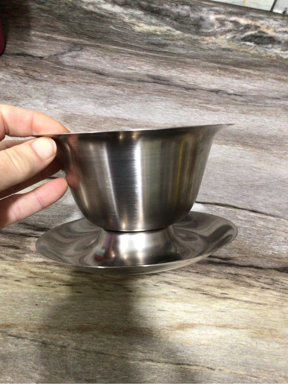 Vintage Stainless Steel Gravy Boat Sauce Server Bowl w Attached Underplate.